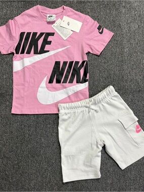Nike Pink and White Graphic Tee with White Logo Shorts